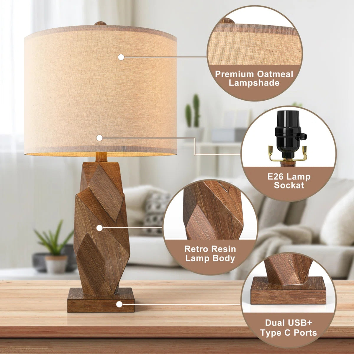 Farmhouse Table Lamps Set of 2, Wood Grain, 24.5-Inch, USB Charging