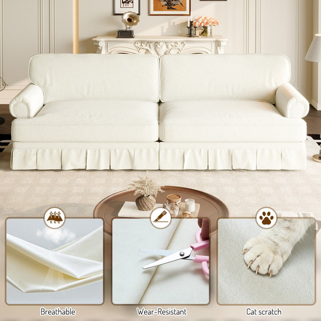 Luxuriously Comfortable Cloud Couch Sofa With Elegant Rolled Arms & Pleated Skirt Design