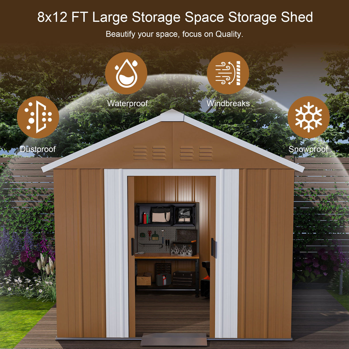 Heavy Duty Metal Storage Shed With Windows, Lockable Door & Ventilation, Weatherproof Outdoor Garden Shed For Backyard, Brown Iron 6X4 Ft