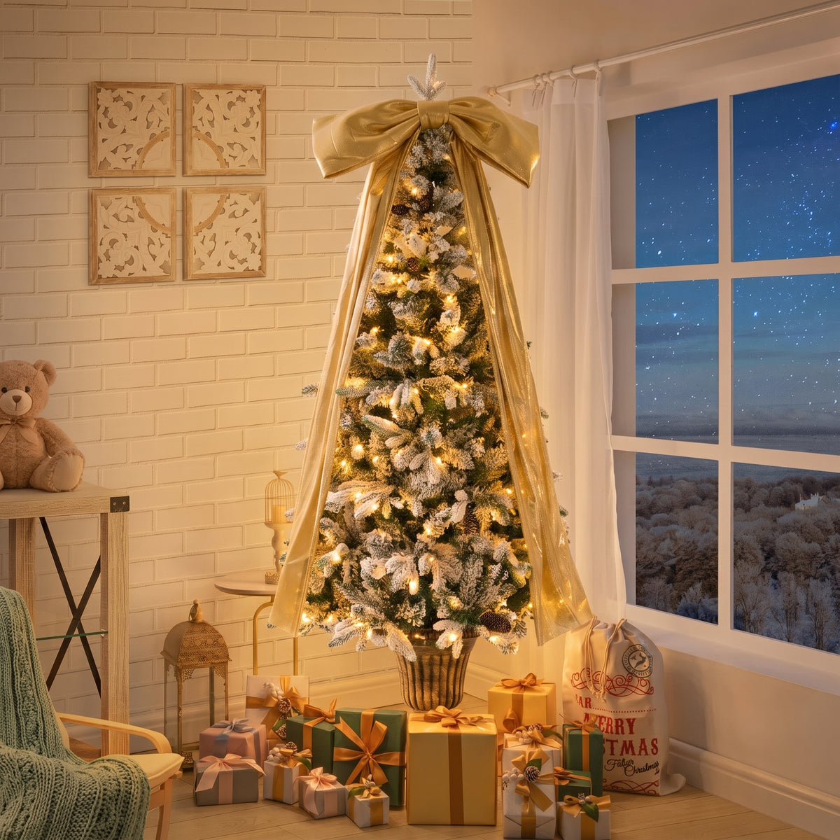 6FT Pre-Lit Flocked Christmas Tree with 42 Real Pine Cones