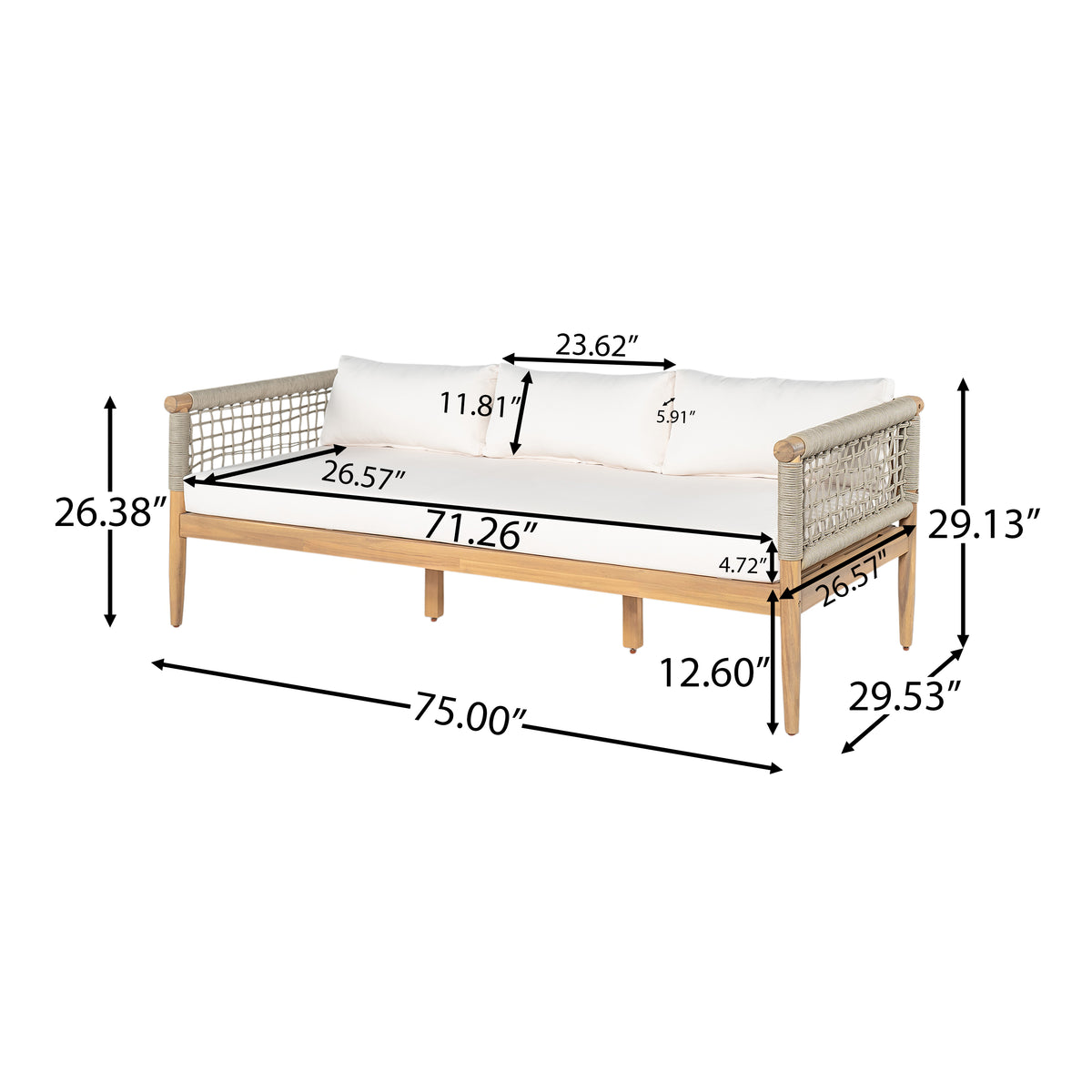 Outdoor Acacia Wood 3-Seater Sofa with Rope Woven Arms