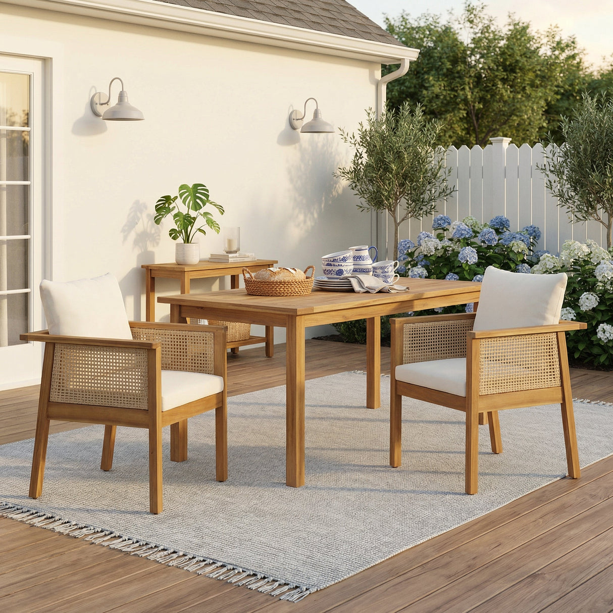Outdoor Dining Chairs Set of 2 with Acacia Wood and Washable Cushions