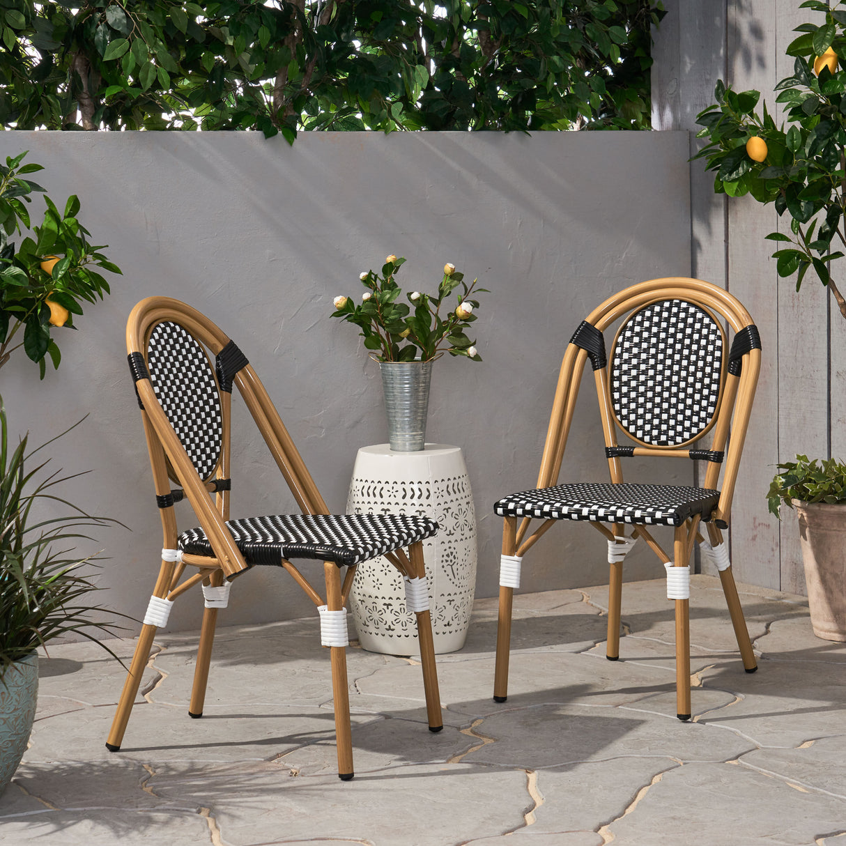 Outdoor PE Rattan and Aluminum French Bistro Chair, Set of 2