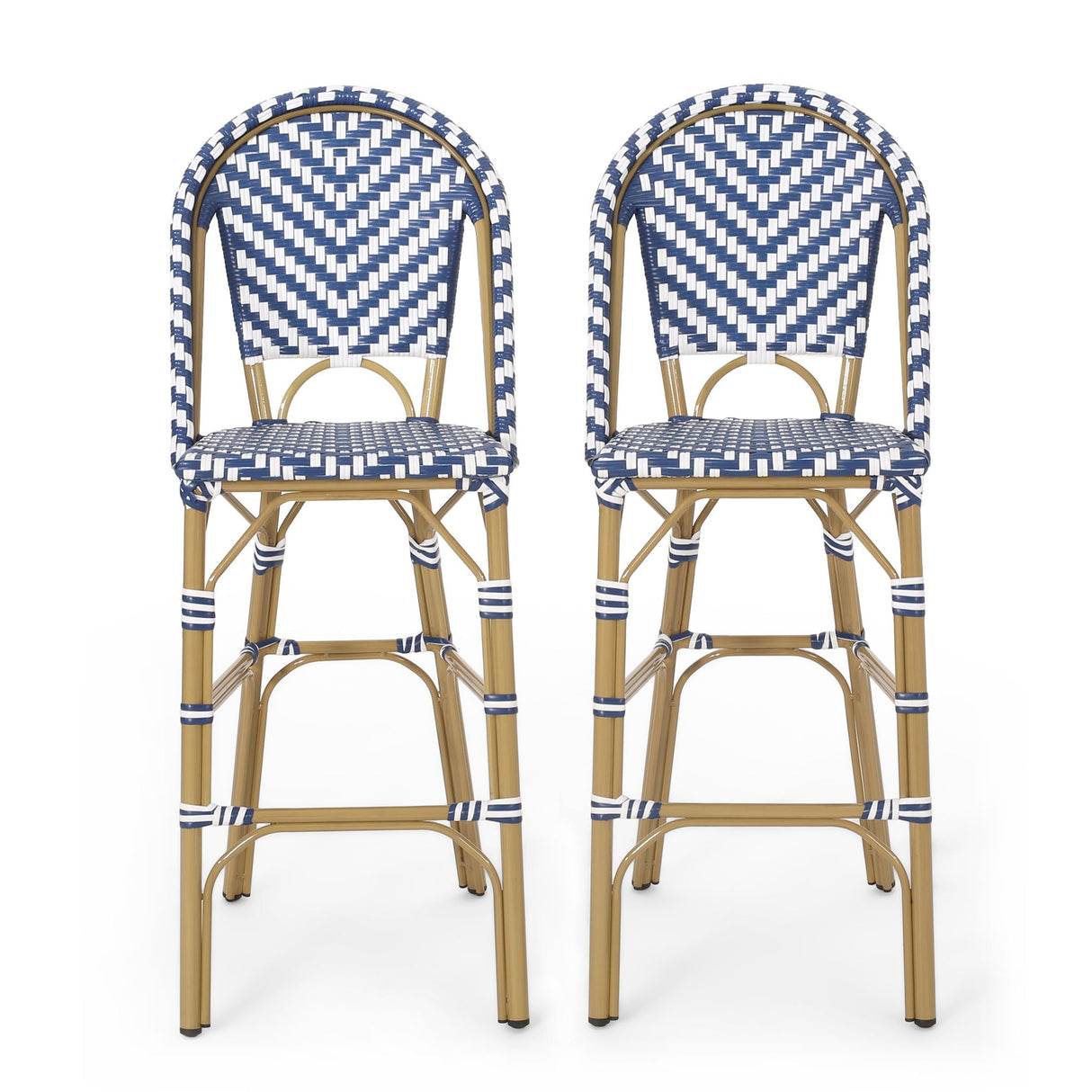 Outdoor Rattan French Barstool Set - Navy Blue & White