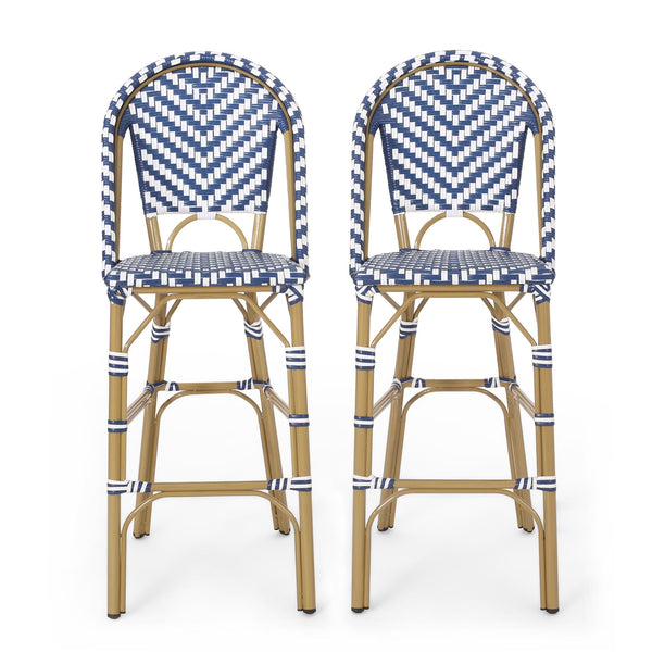 Outdoor Rattan French Barstool Set - Navy Blue & White