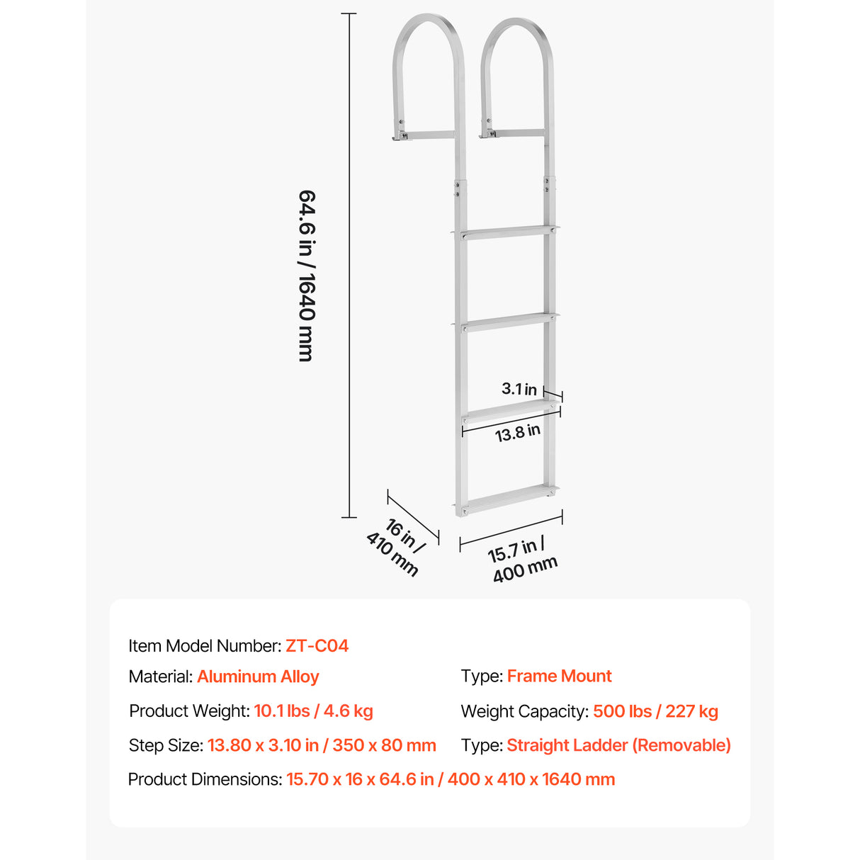 Removable Dock Ladder, 4 Steps, Aluminum Alloy Pontoon Boat Swim Ladder