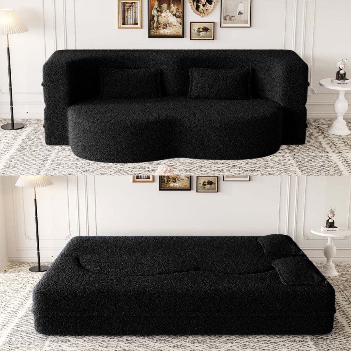 Modern Floor Sofa With 2 Pillows Convertible Teddy Fabric Foam Filled Bed