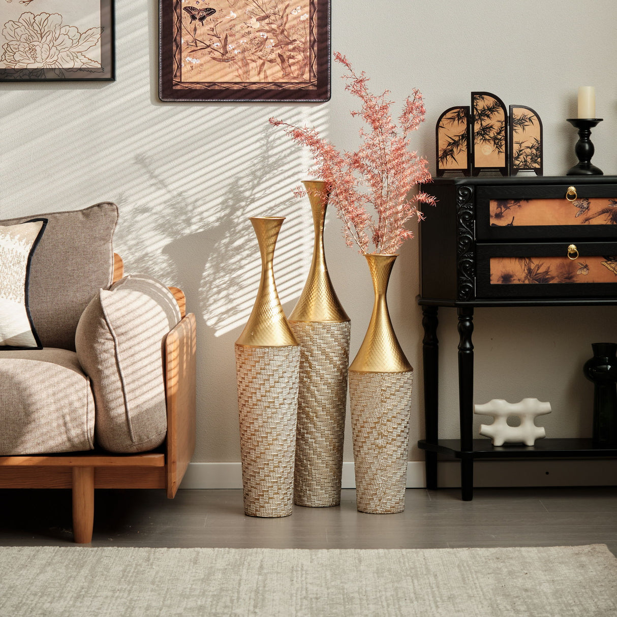 Floor Metal Vase Modern Style Decoration Home Woven Pattern Metal Vase 3 Piece Set Gorgeous Home Decoration Large Glazed Metal Vase - Champagne