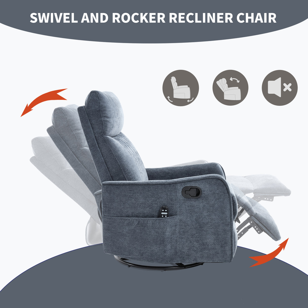 Blue Heat Massage Manual Recliner Chair with Rocker and Swivel