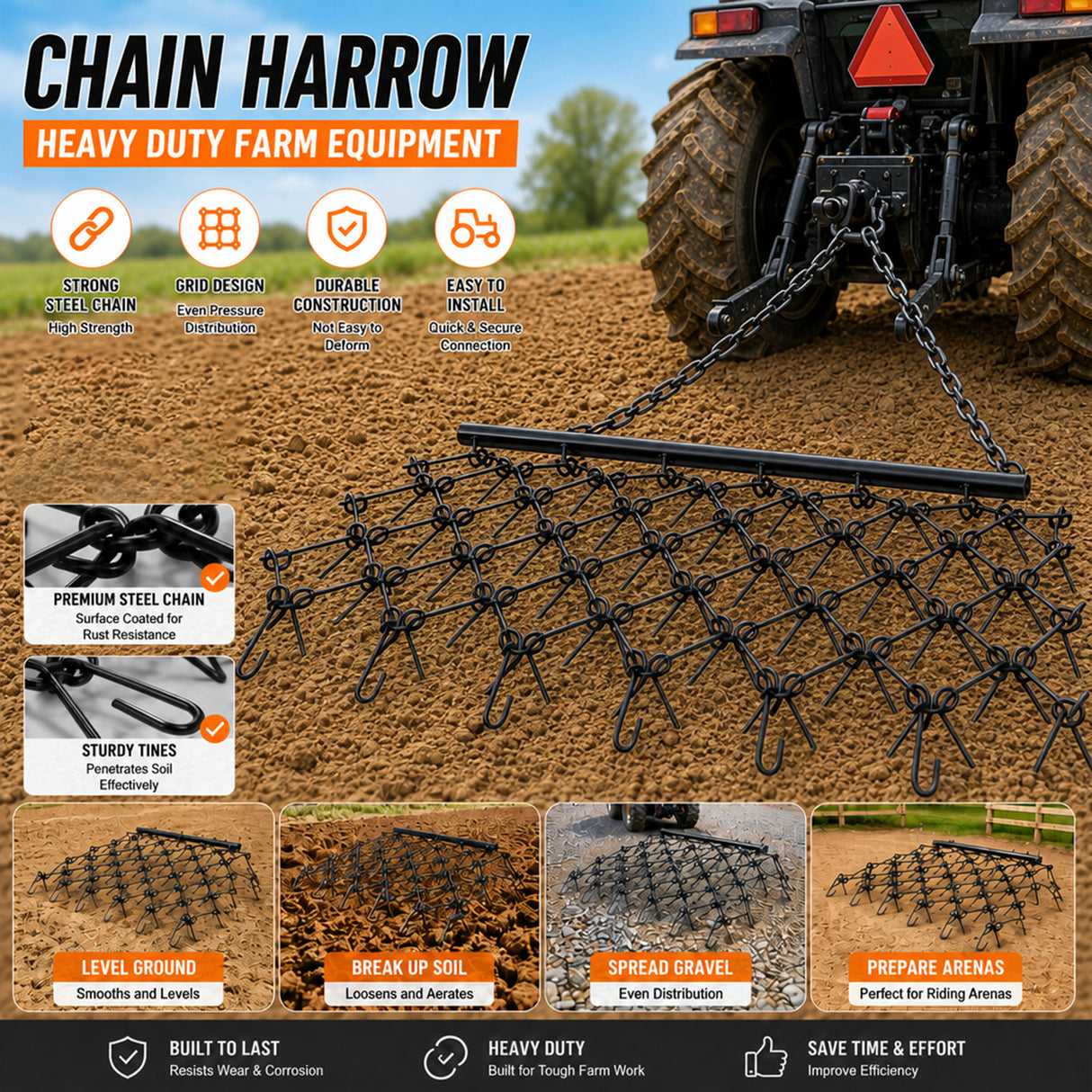 4FT Heavy-Duty Steel Drag Harrow