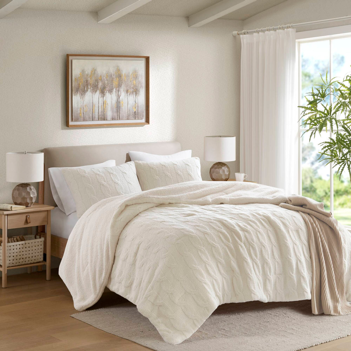 Twin Cable Knit Chenille Comforter Set with Sham - Ivory