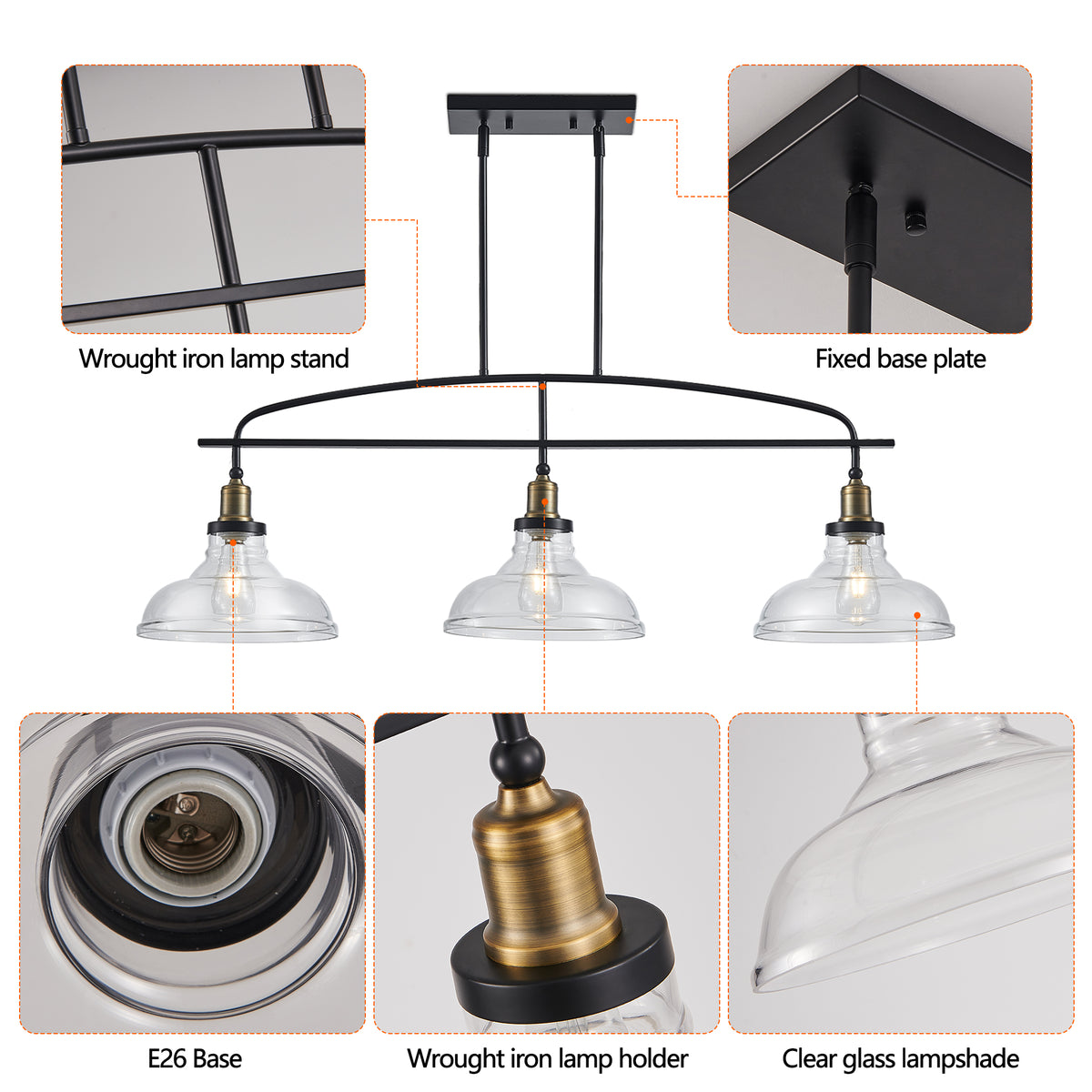 Industrial 3-Light Pendant Chandelier with Clear Glass Shades