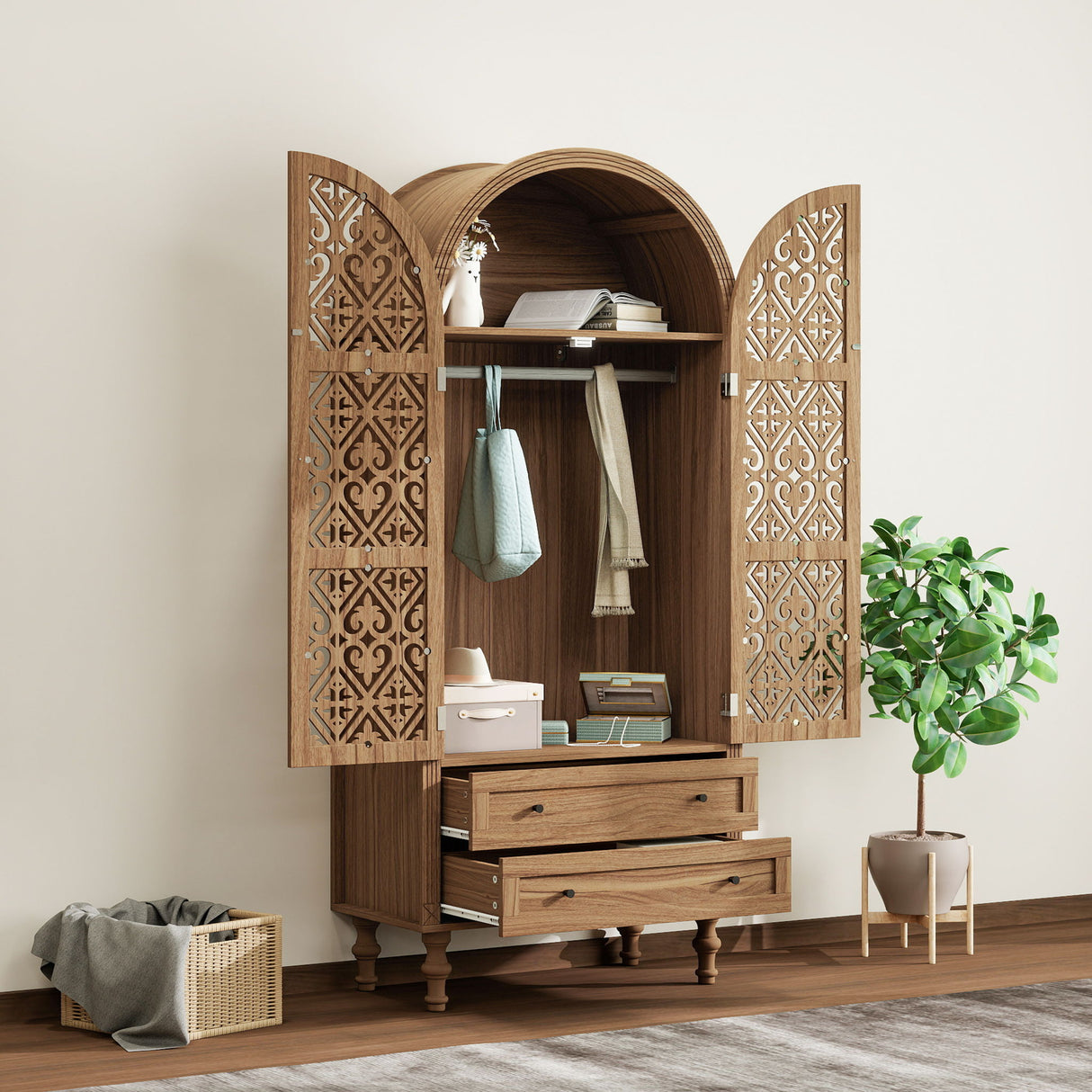 Tall Kitchen Pantry Cabinet With Hollow Carved Doors 2 Drawers And Adjustable Shelves Storage Display Cabinet For Kitchen Dining Room Or Living Room - Walnut