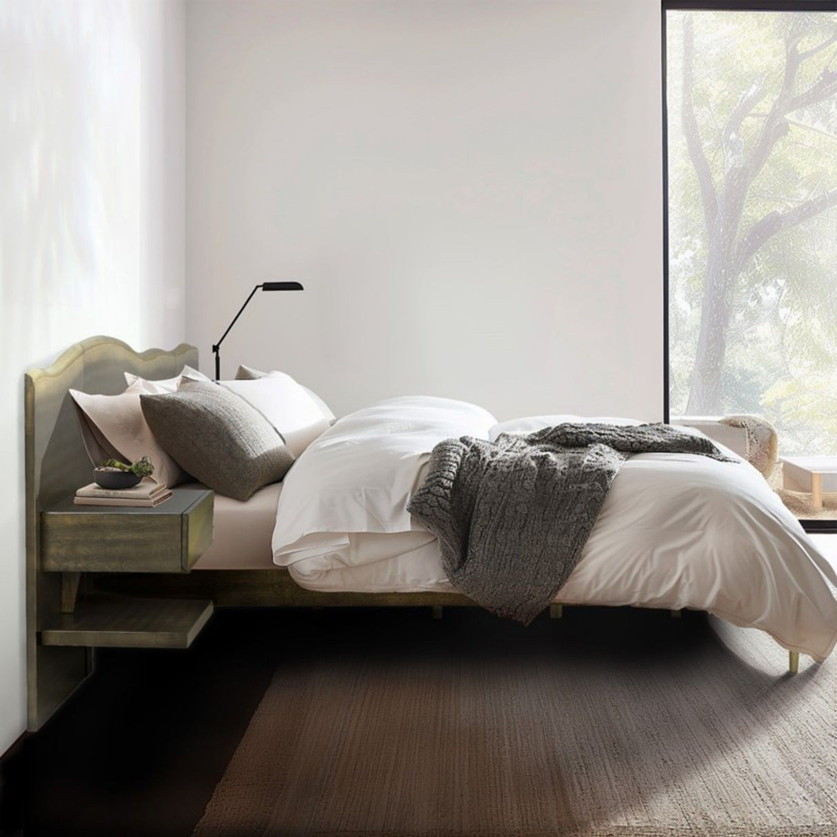 Queen Size Platform Bed Frame With Live Edge Headboard, Built In Nightstands - Dark Brown