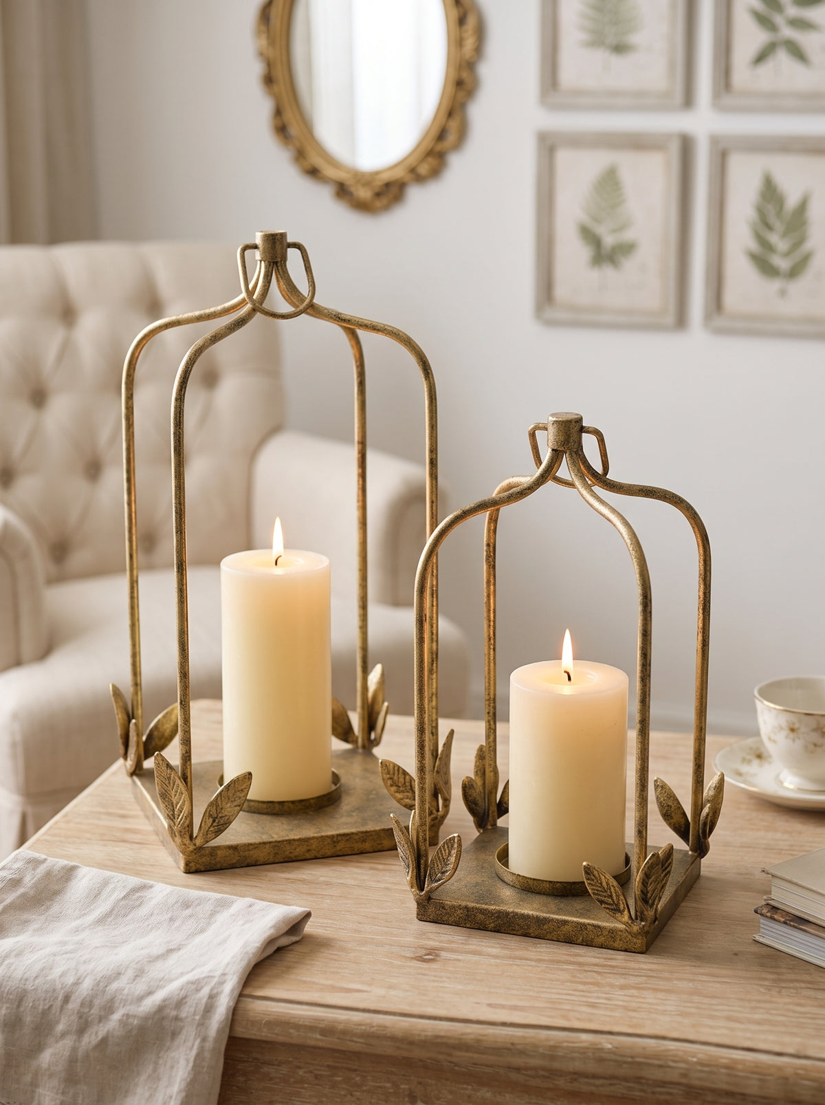 Set of 2 Luxe Distressed Golden Arched Iron Lantern
