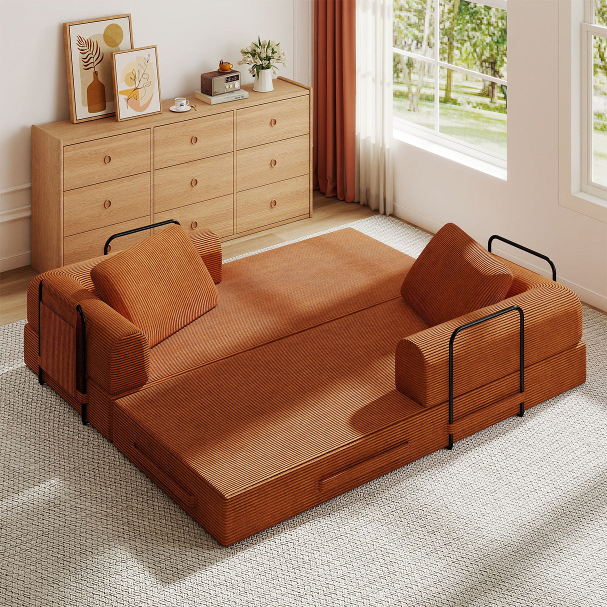 Convertible Sleeper Sofa Bed With Cylindrical Pillow, Fixed Shape Frame