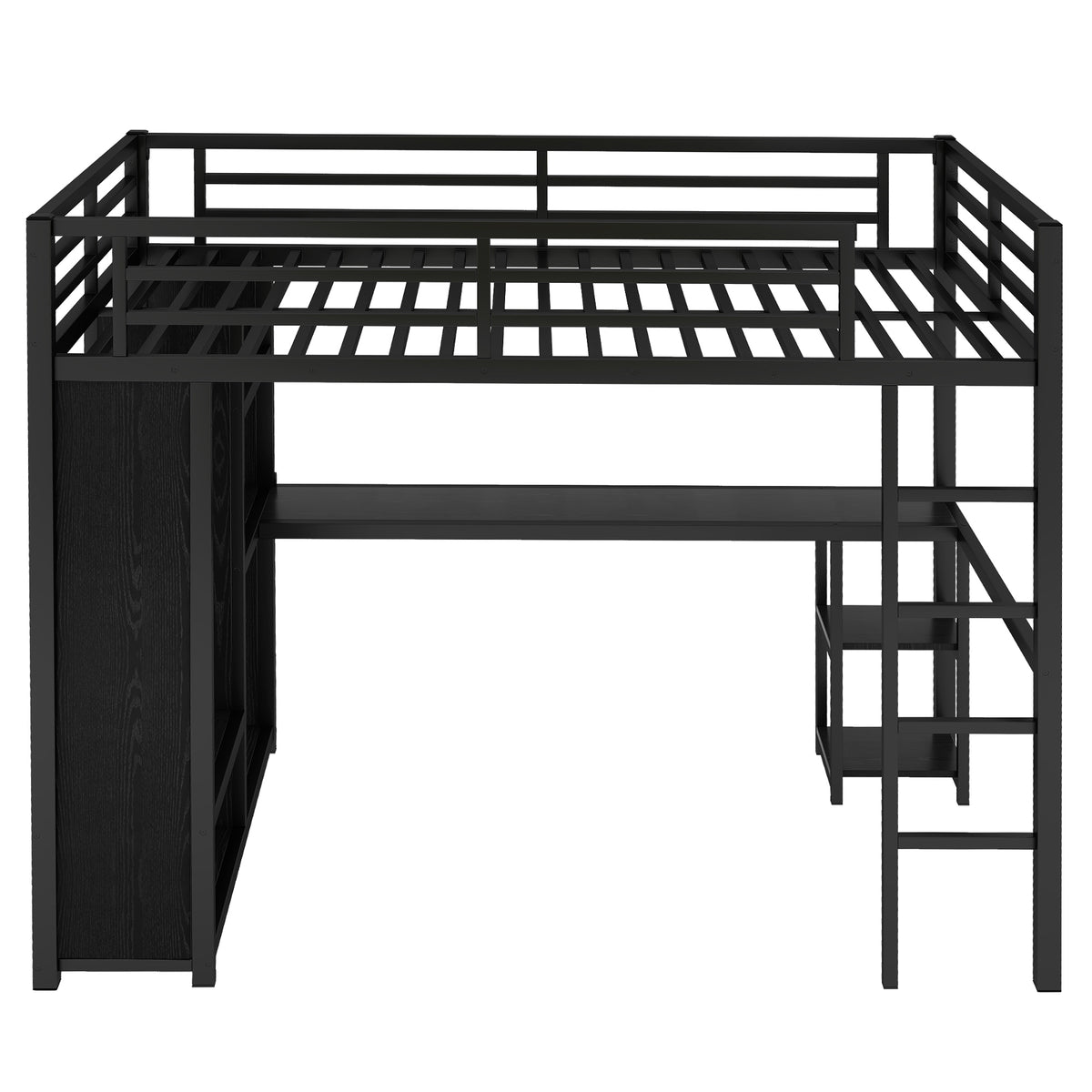 Full Size Loft Bed Frame with Built-in Wardrobe, Metal Loft Bed with Desk and Storage Shelves