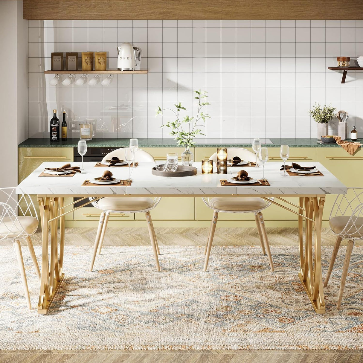 Large Rectangular Dining Table Kitchen Table With Geometric Legs - White / Gold