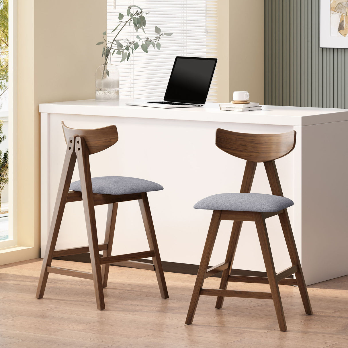 Mid Century Modern Counter Stool With V Shape Frame And Upholstered Seating