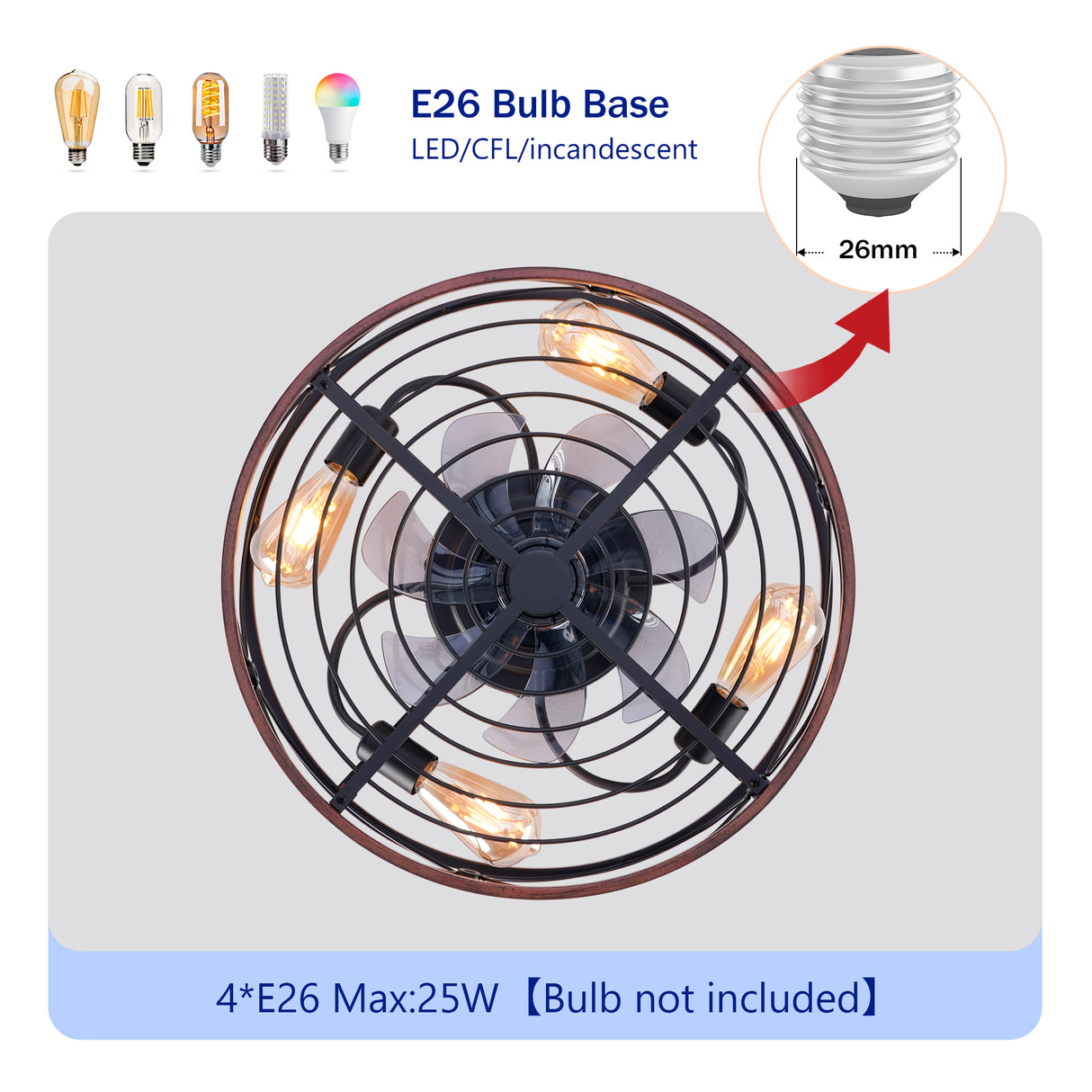 20'' Mounting Type Caged Ceiling Fan with Lights and Remote Control