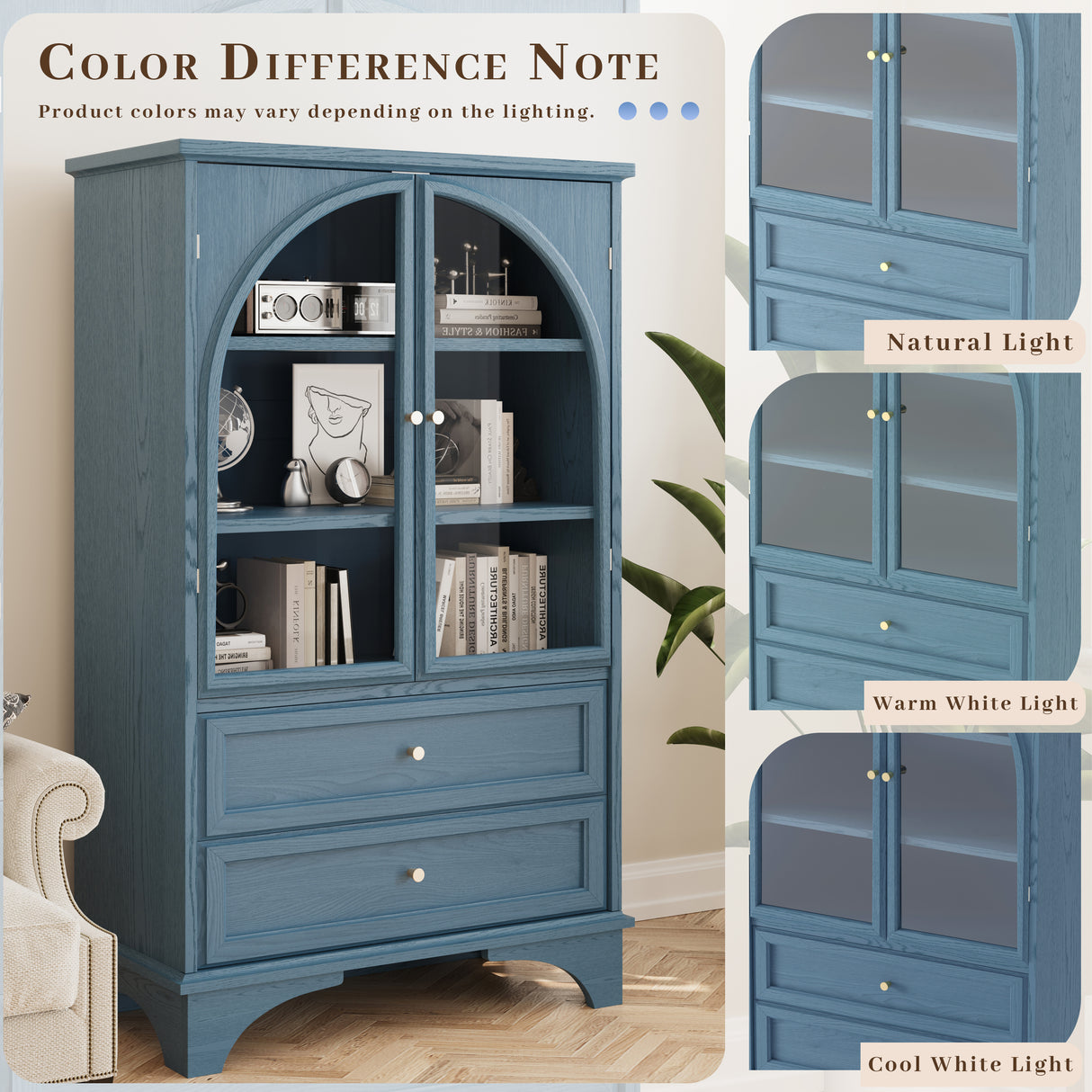 52.17"H Glass Door Display Case Storage Cabinet with 2 Drawers and Adjustable Shelf