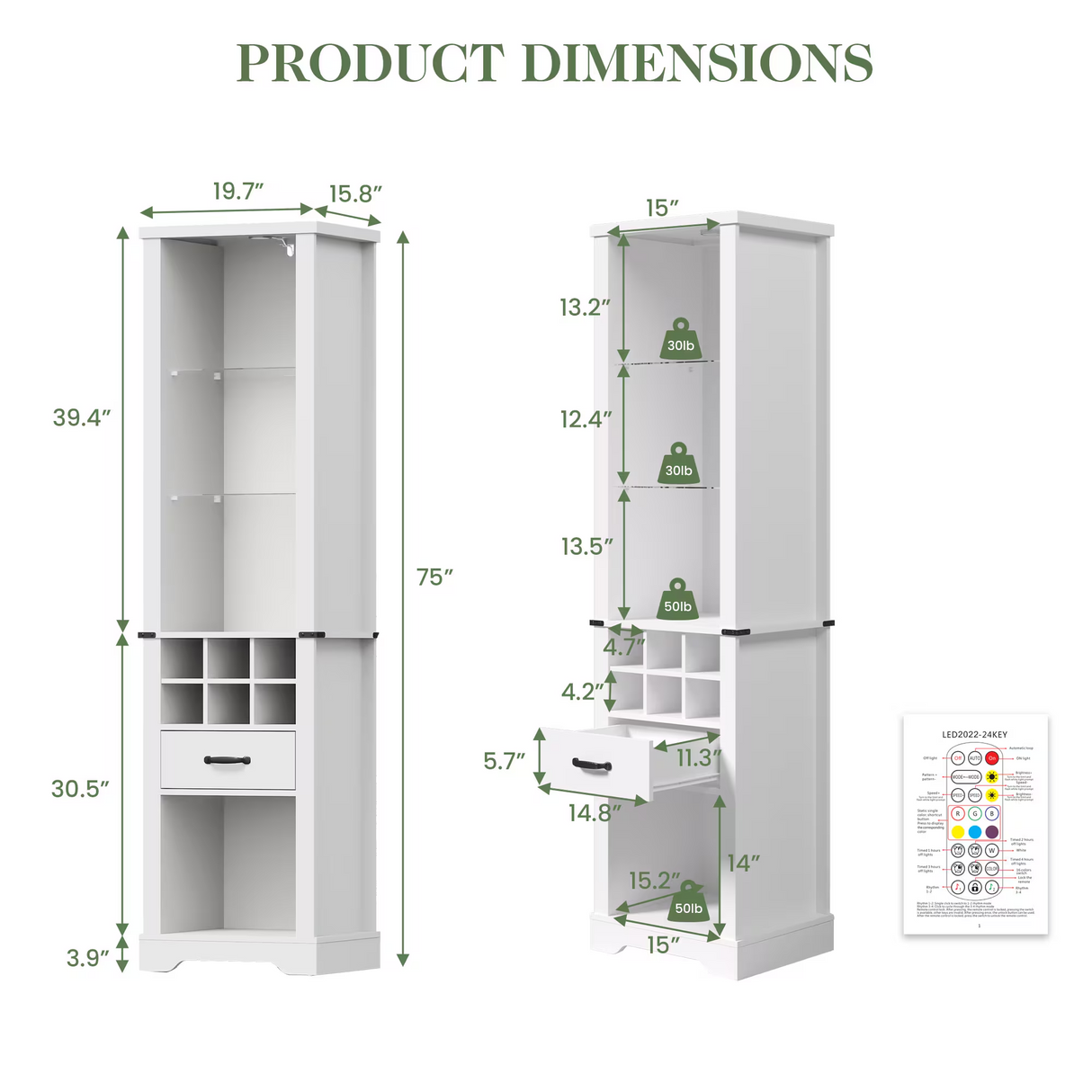 75'' Tall Storage Cabinet with LED Light, Farmhouse Style
