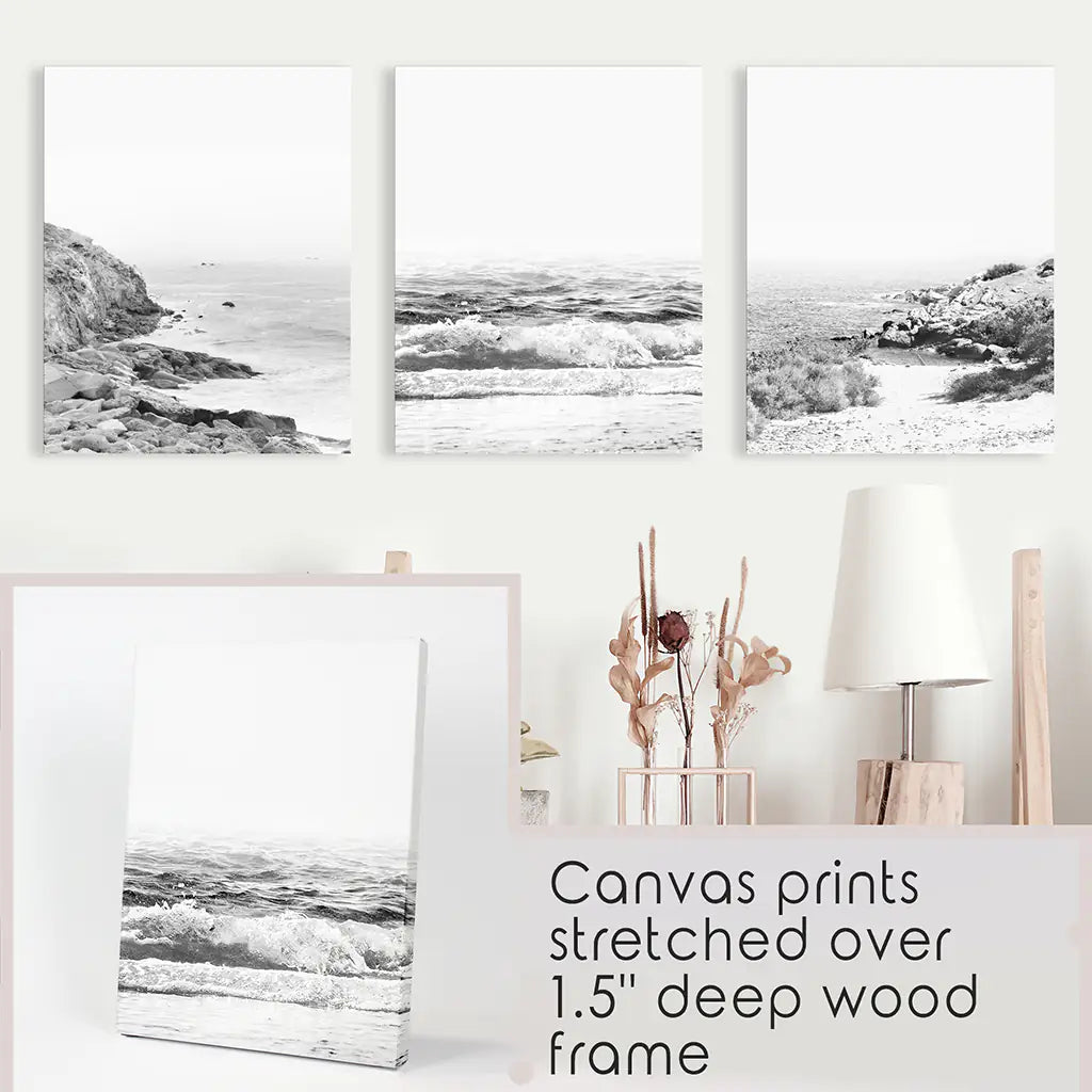 Coastal Black White Photography Set. Waves, Rocky Beach