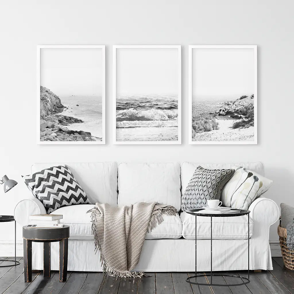 Coastal Black White Photography Set. Waves, Rocky Beach