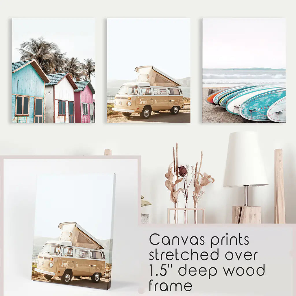 Summer Surfing Wall Art Set. Yellow Bus, Surfboards, Beach Cabins