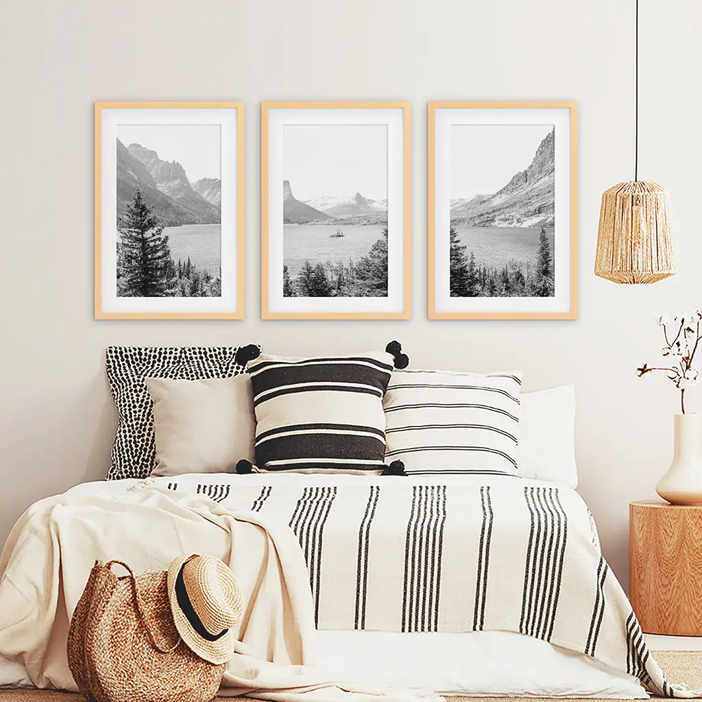 Glacier National Park. US Black White Mountain Lake Prints