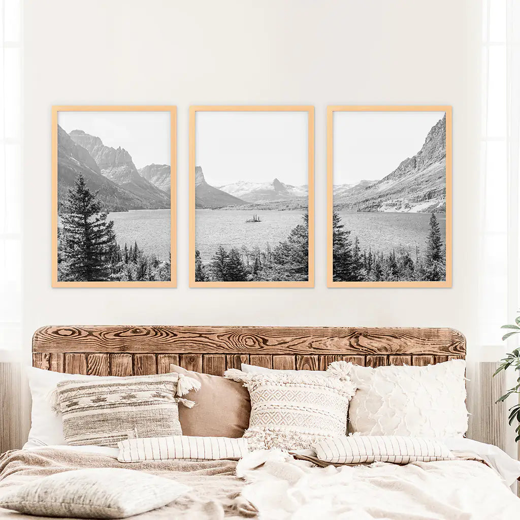Glacier National Park. US Black White Mountain Lake Prints