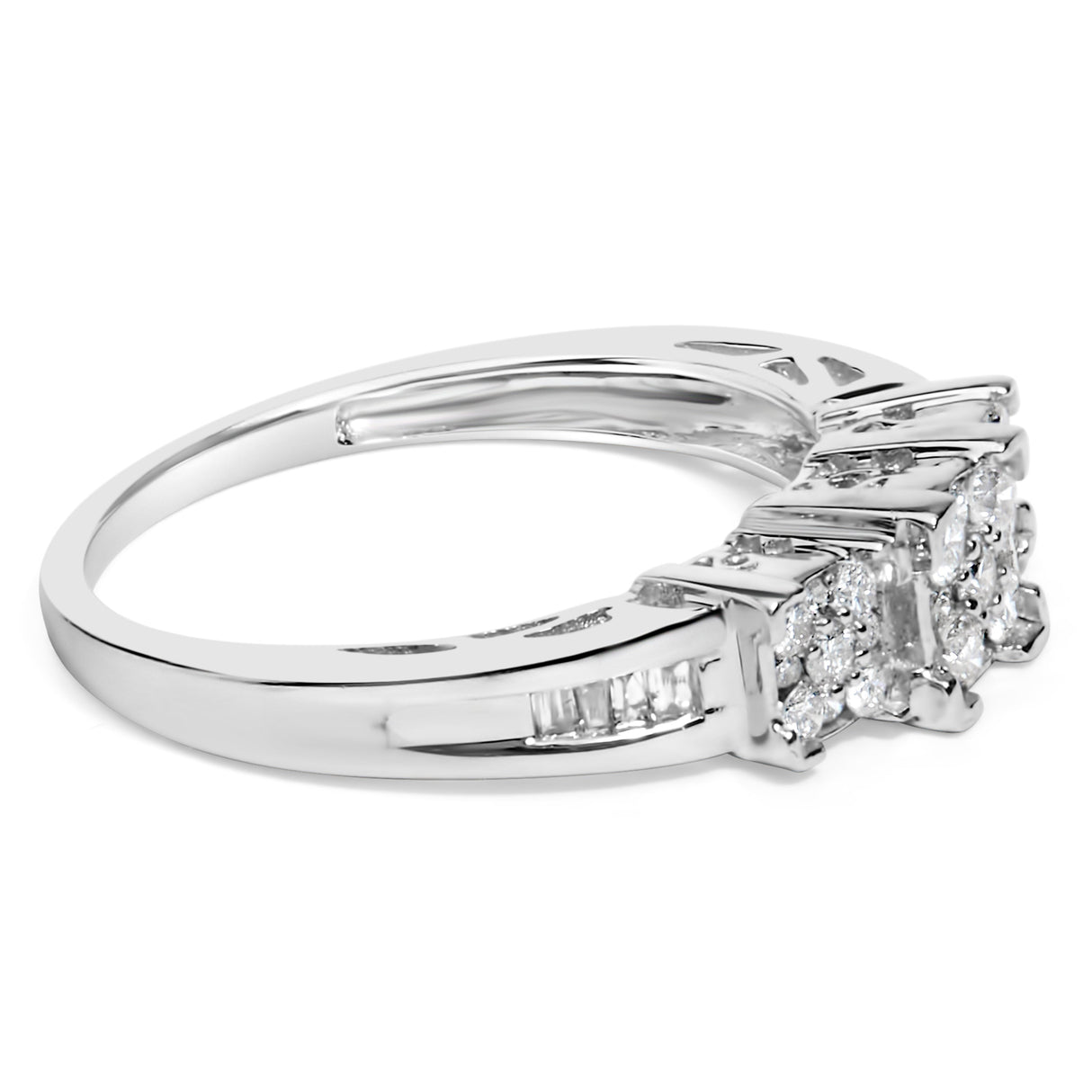 10K White Gold 1/2 Cttw Brilliant & Baguette Cut Diamond 3 Stone Design with 3 Square Clusters Engagement Ring (H-I Color, SI2-I1 Clarity) - Size 6-3/4