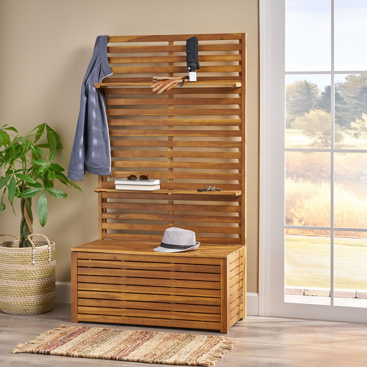 Storage Bench With Rack - Teak - Best Buy Furniture