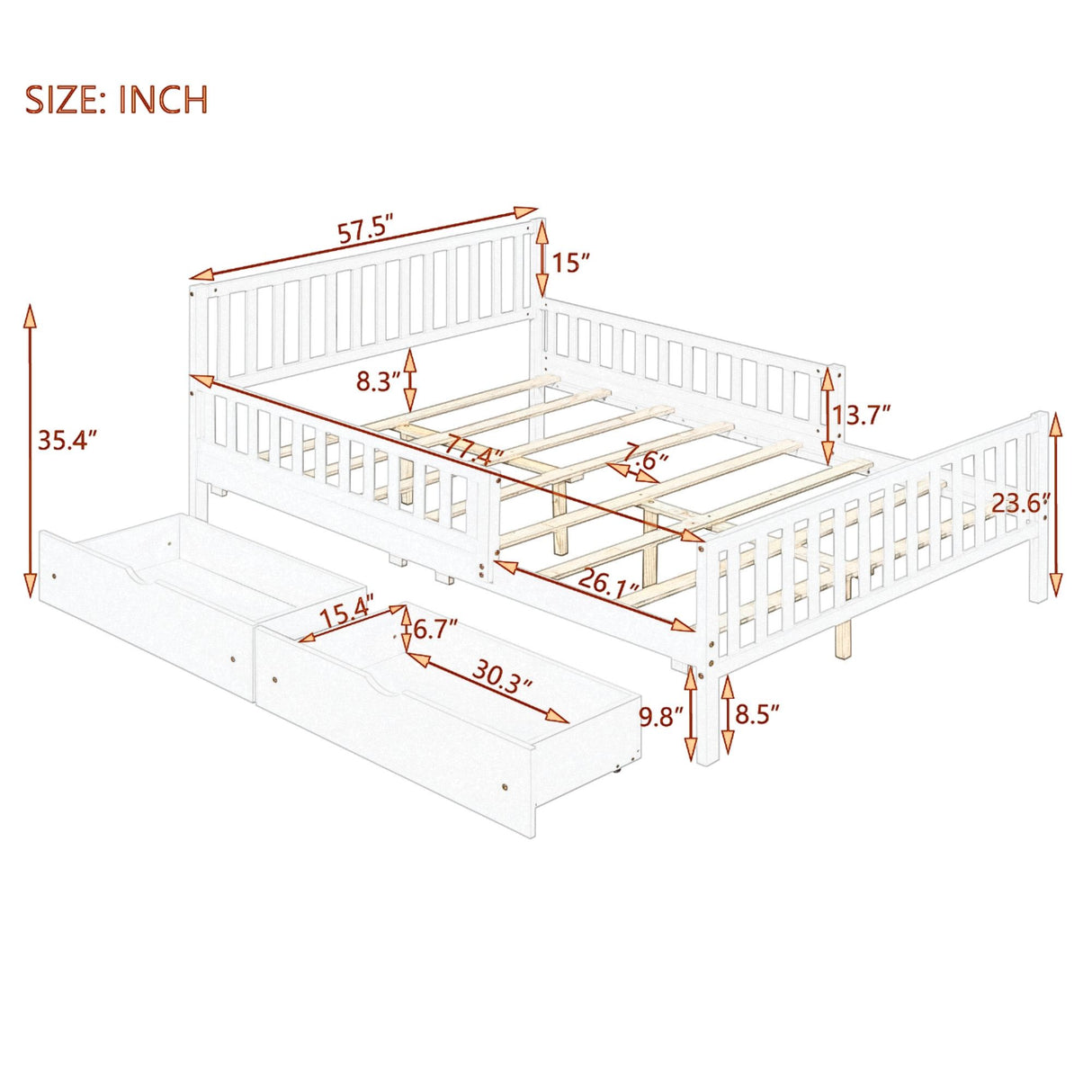 Platform Bed With Guardrails On Both Sides And 2 Storage Drawers