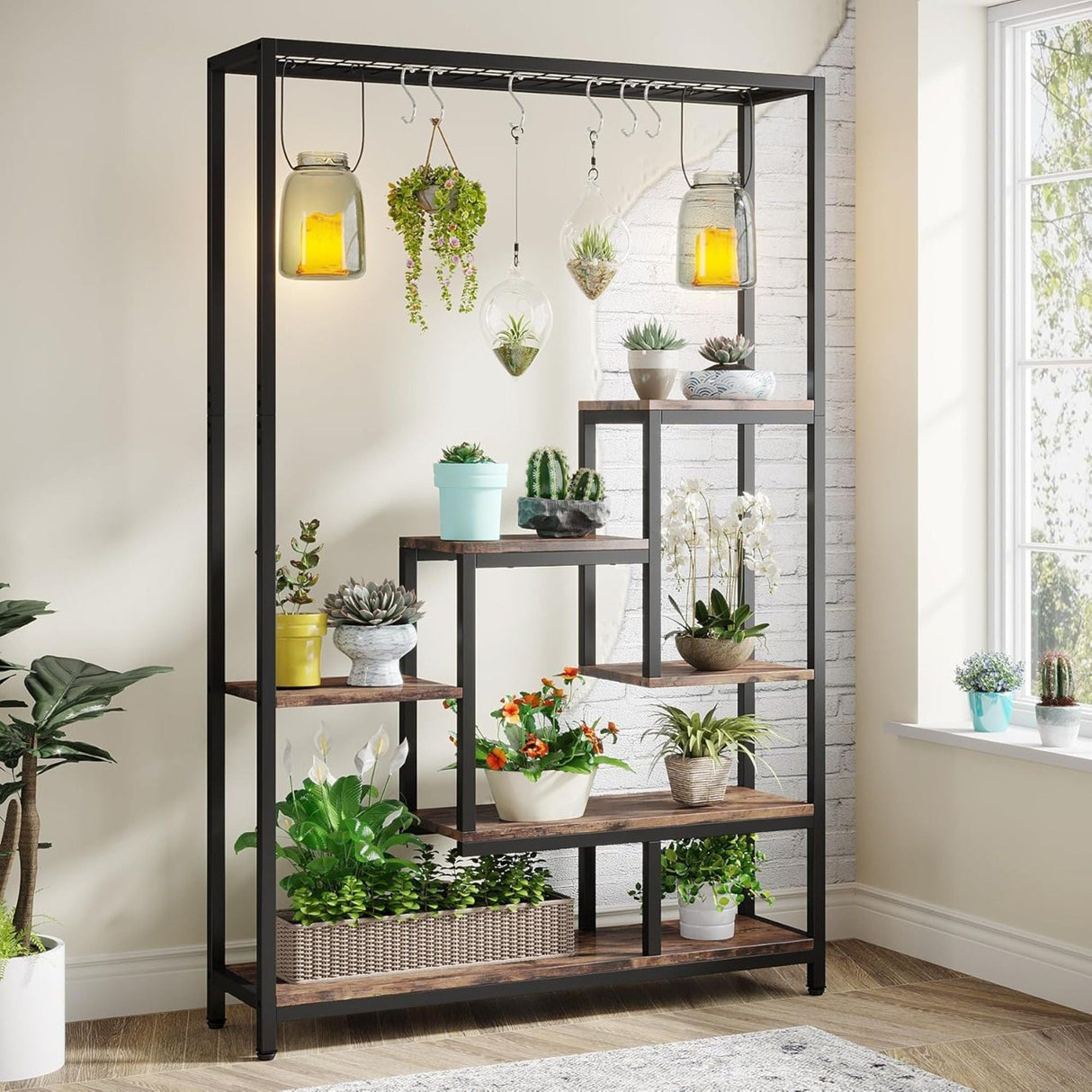 5 Tier Plant Stand with 6 Hooks for Living Room - Brown / Black