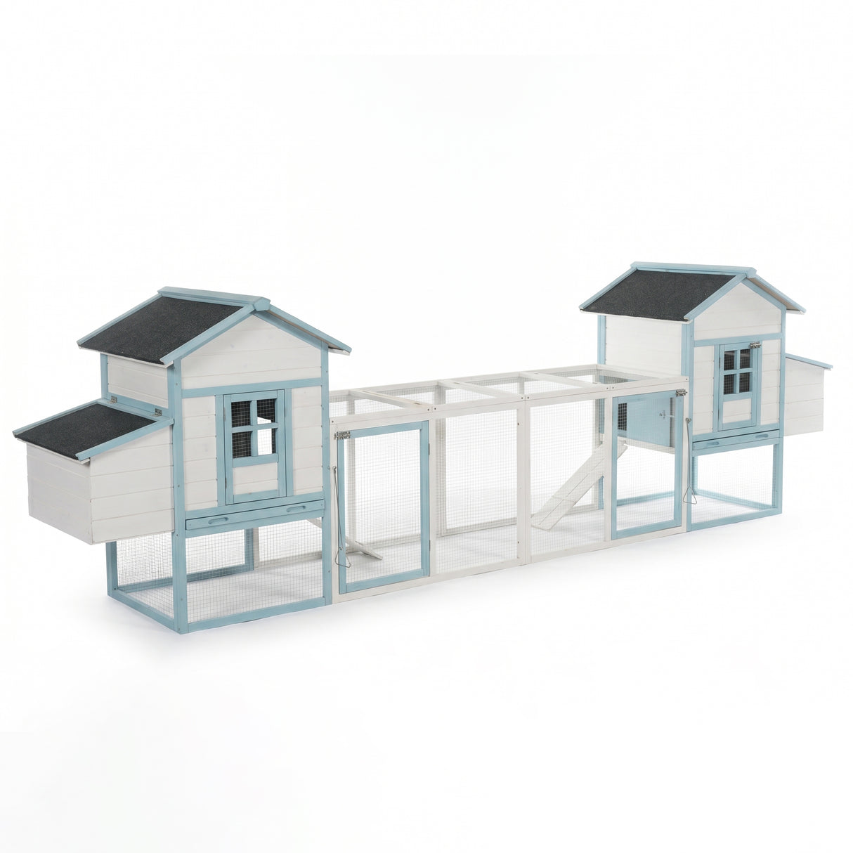 Large Wooden Chicken Coop with Double Nesting Boxes, Outdoor Walk-In Chicken Run with Waterproof Asphalt Roof, Fir Wood Poultry Cage with Pull-Out Dropping Trays