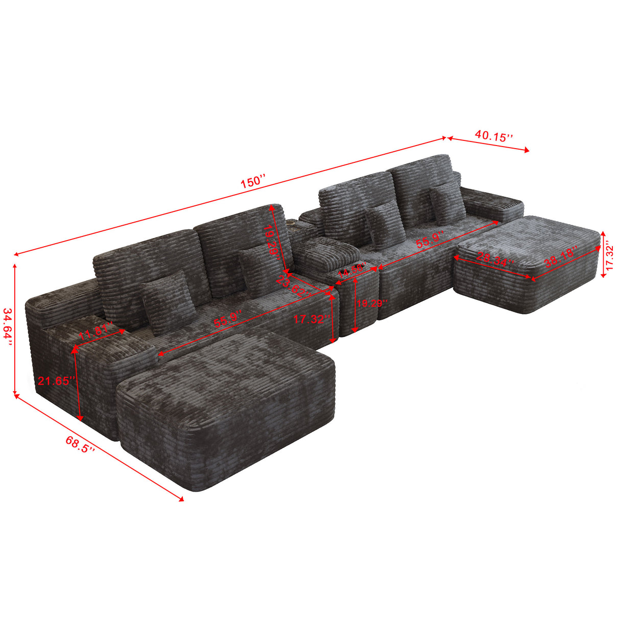 150'' Width 5-Piece Sectional Sofa with 2 Ottomans