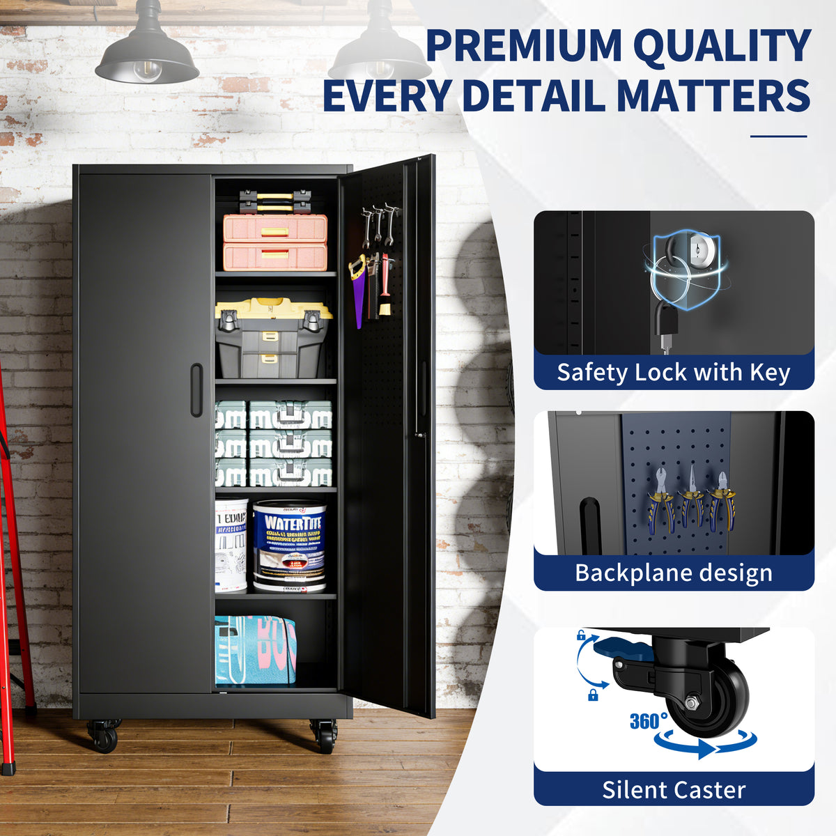 Heavy Duty Metal Storage Cabinet with Doors and Wheels