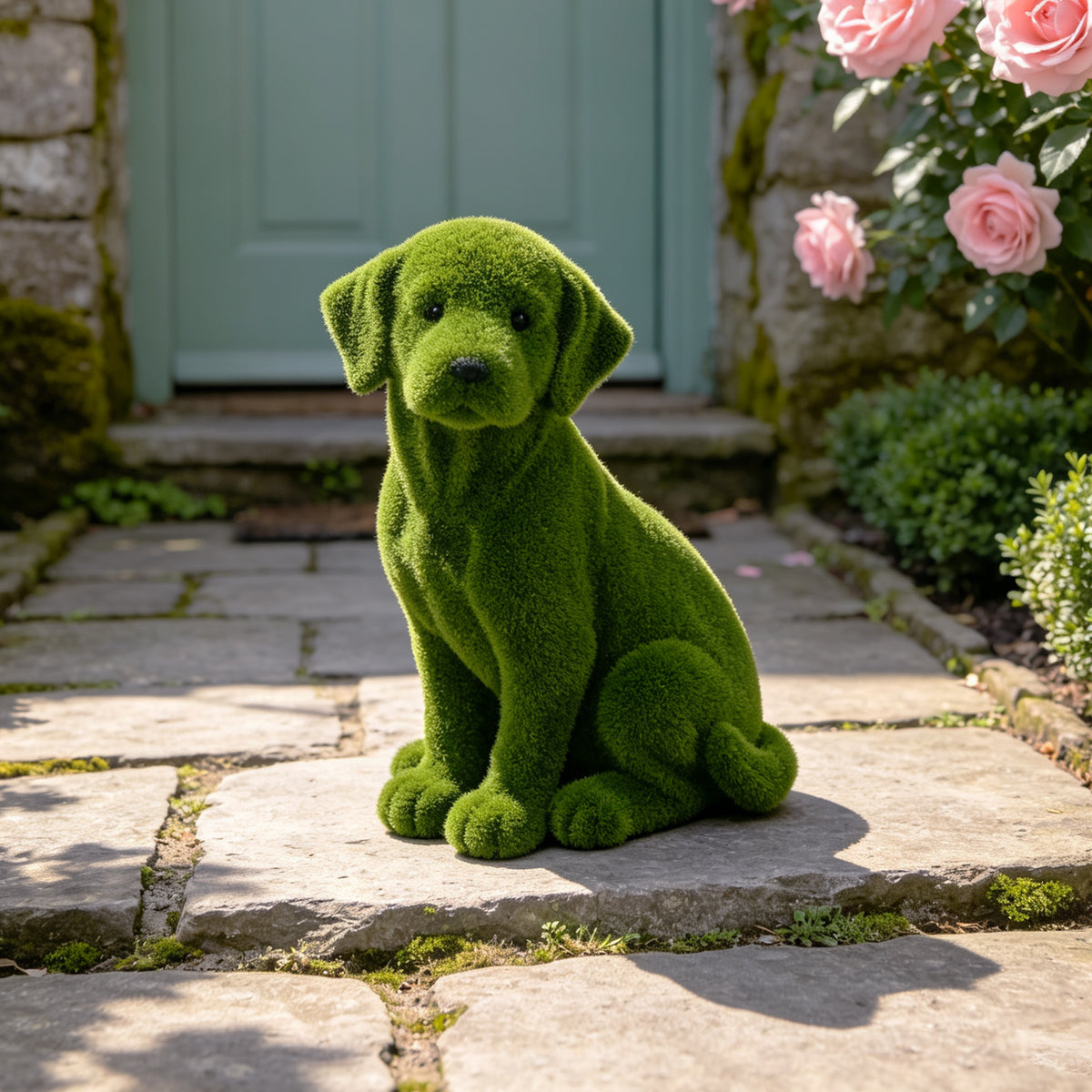 Flocked Dog Garden Statue with Weather-Resistant Finish - Green