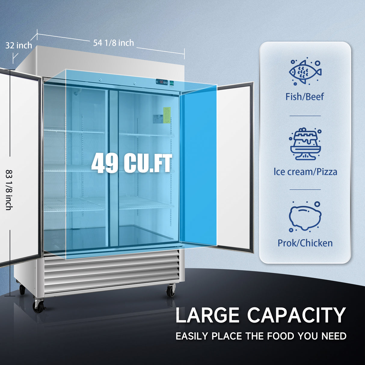 54" Commercial Freezer with 2 Solid Doors