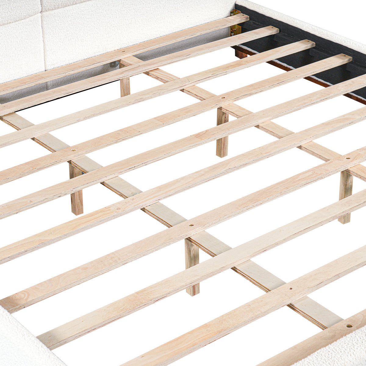 King Size Upholstered Bed Frame with Slat Support - White & Walnut