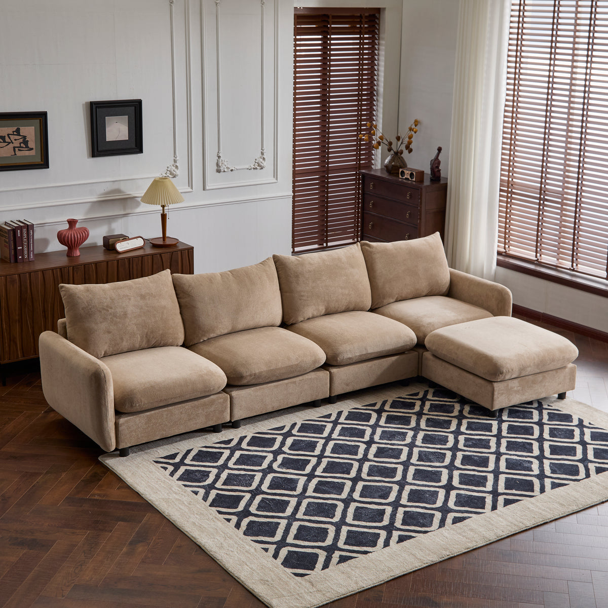 130 in. Oversize 5-Piece Modular Velvet Sectional Sofa with Ottoman