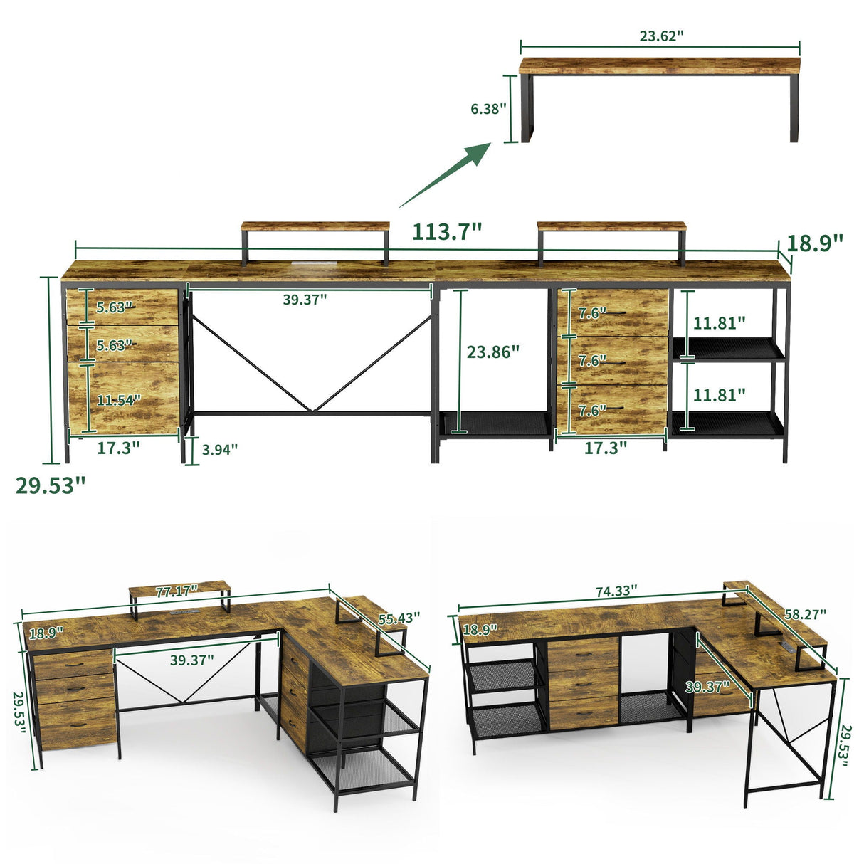 Industrial L-Shaped Computer Desk with Power Outlets & USB-C