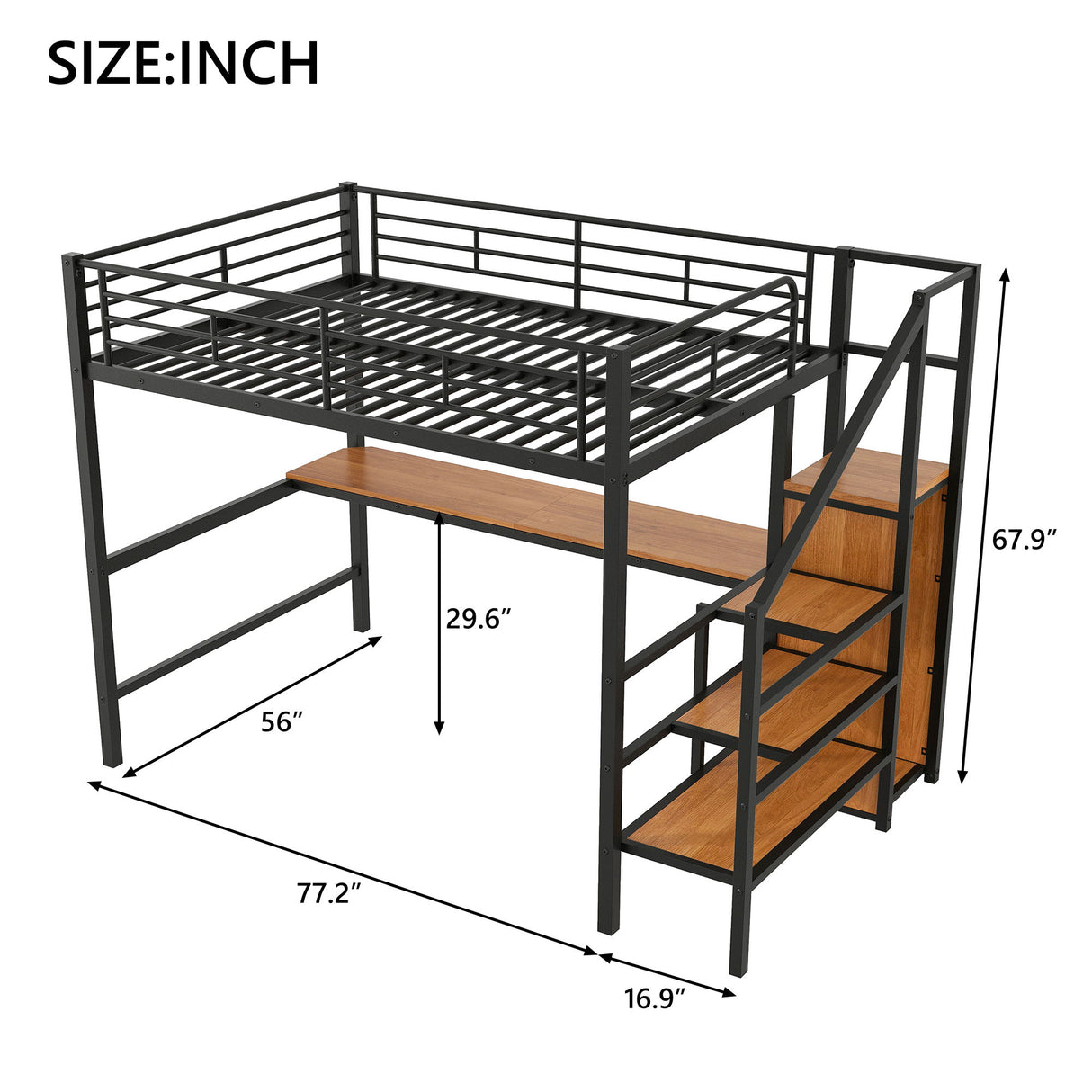 Loft Bed With Desk, Storage Staircase, Small Wardrobe And LED Light