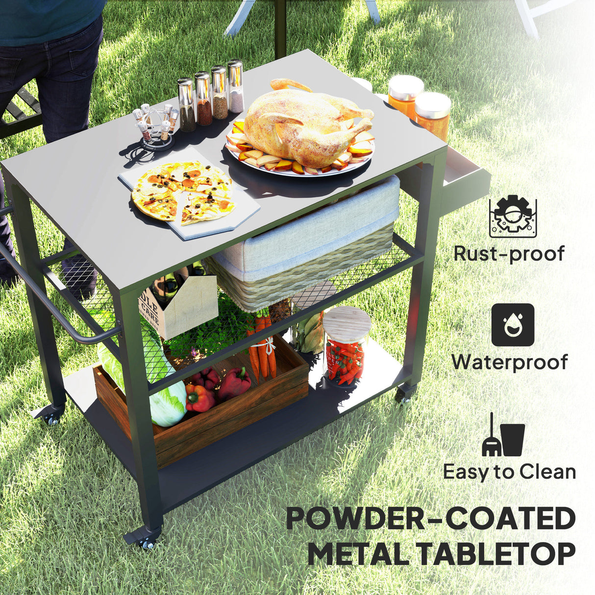 Movable Oven Table on Wheels - 3-Tier Outdoor Grill Cart