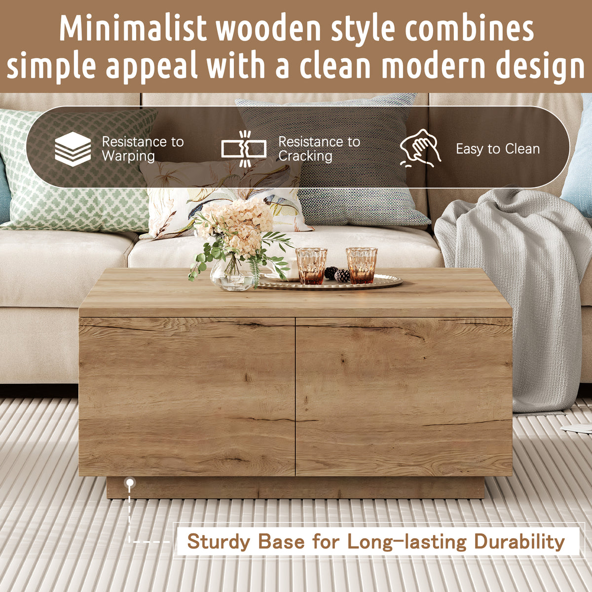 33.25-Inch Square Coffee Table with 4 Drawers, Natural