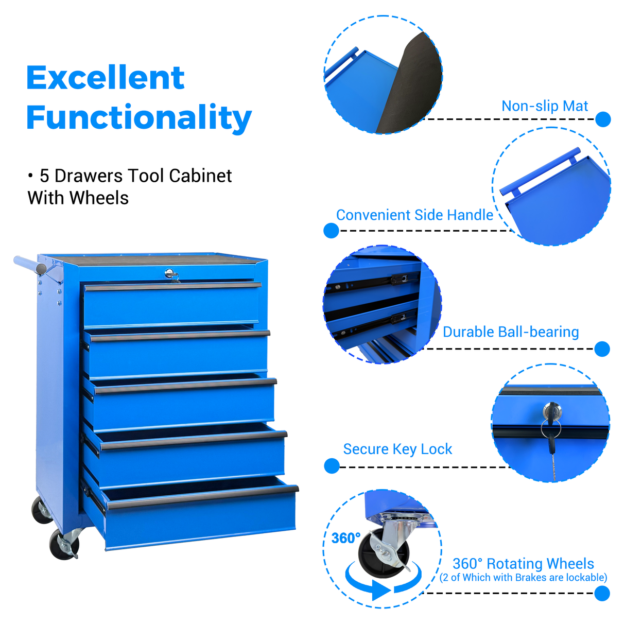 Rolling Metal Tool Chest with 5 Drawers, Blue