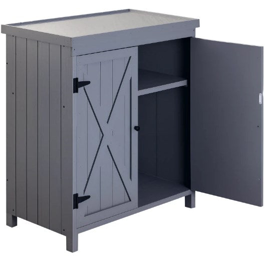 Tool Shed Outdoor Storage Cabinet with Galvanized Top and Two Shelves