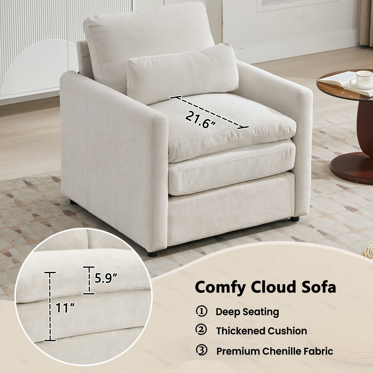Cozy Upholstered Cushion Armchair For Living Room