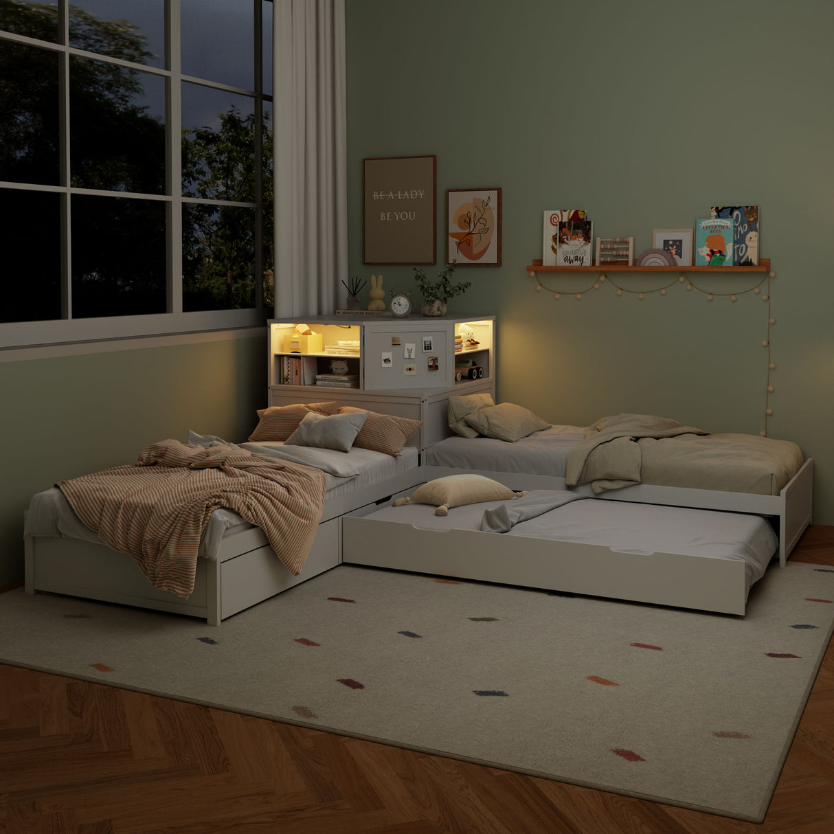 L-Shaped Bed Frame With Trundle, Built In Desk & LED Lighting